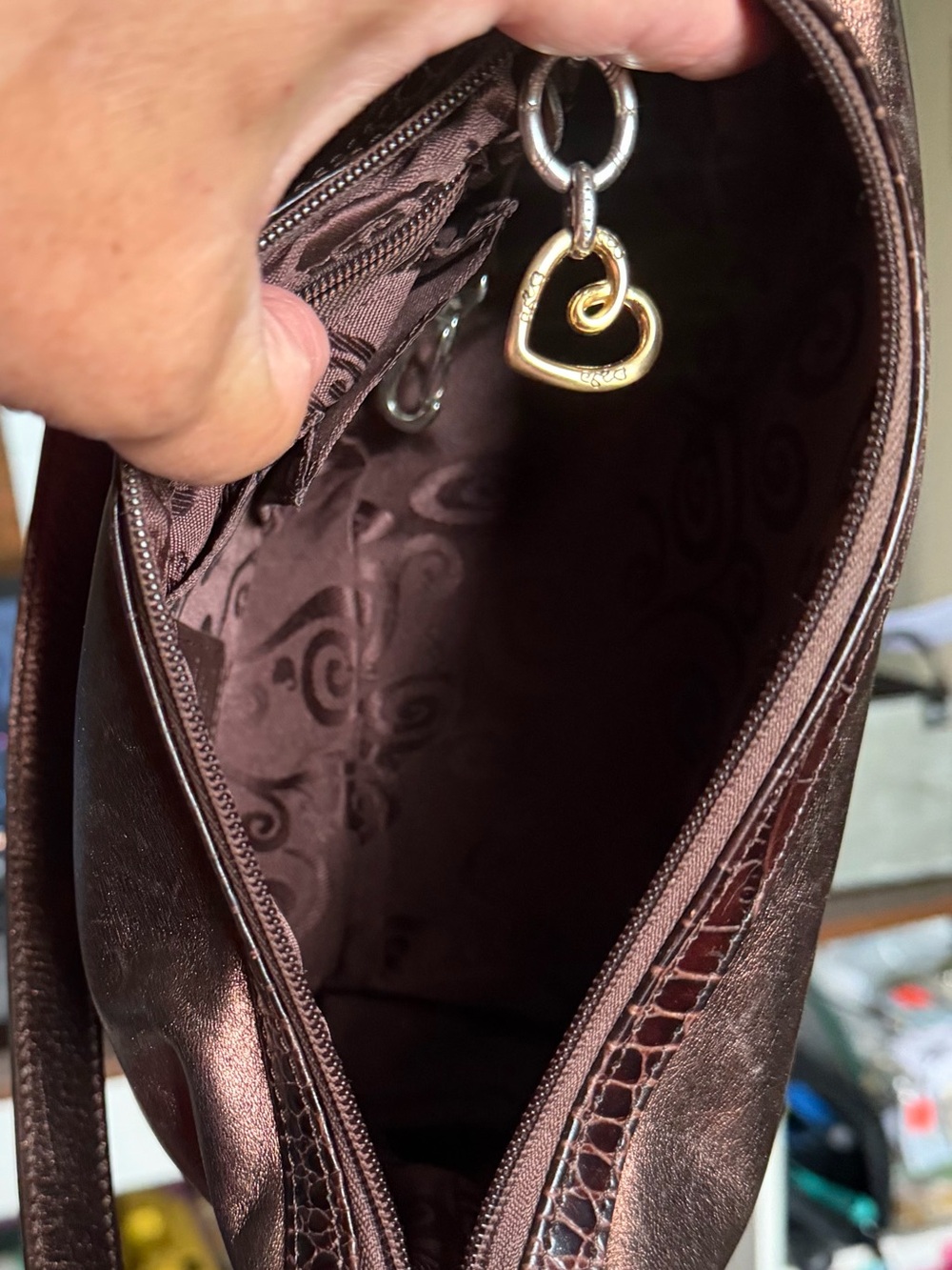 Brighton Bronze Leather Zip Top Croc Trim Hobo Bag with Heart Charms EUC - Picture 9 of 10